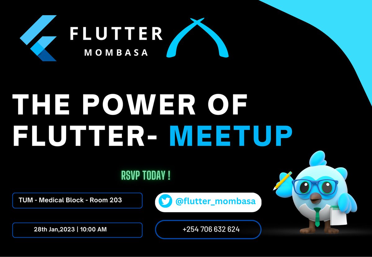 We are excited to hold our first physical meetup at @Tum001Ke  to explore the power of Flutter .
RSVP : forms.gle/9jUKHaJNztWhbH…
#flutterdev 
#FlutterForward 
#FlutterMombasa
#dartlang