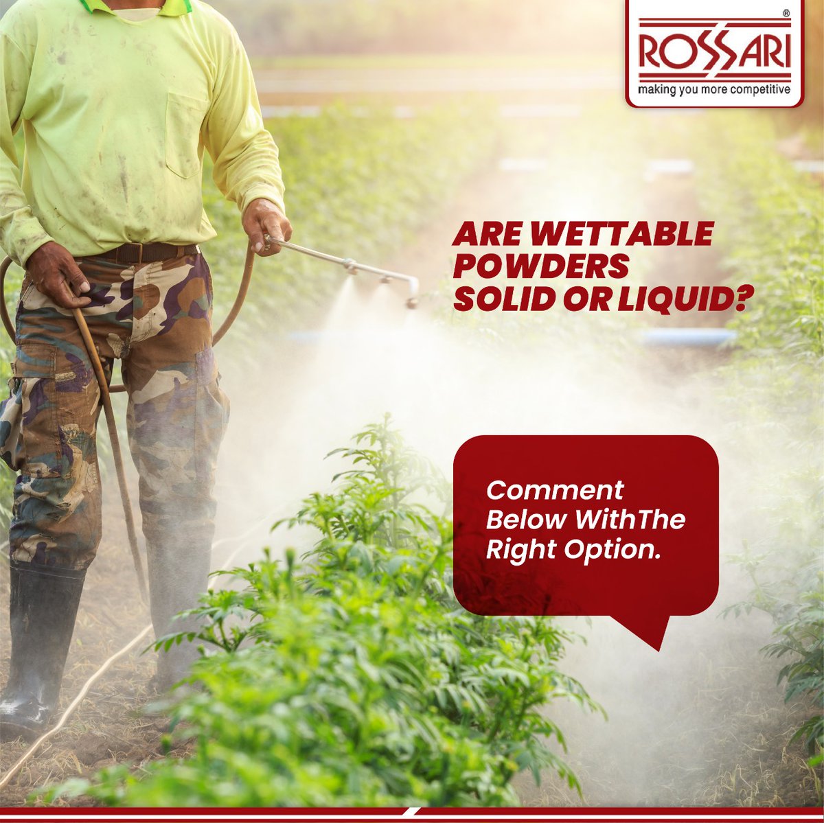 RossariBiotech's tweet photo. Can you differentiate between Wettable Powders and Soluble Powders?
Comment below with the right option
#rossari #agriculture #business #technology #growth #sustainability #wettablepowder #innovation #pesticides #agrochemicals #agromarket #agroindia #technology #agro #chemical https://t.co/5syoJoQFBv