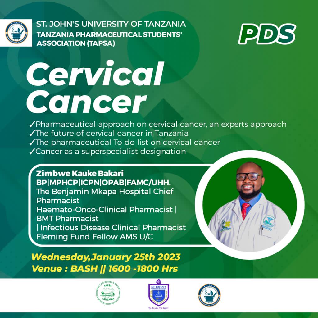 *🔥TAPSA RISE, TAPSA SHINE!🔥*

*This coming Wednesday 25th January 2023 on PDS.*

*Cervical Cancer January continues as we welcome Pharmacist Kauke Bakari Zimbwe to provide an insight towards the topic.*

How do you miss that? Catch up from 16:00 to 18:00 hours at The BASH HALL