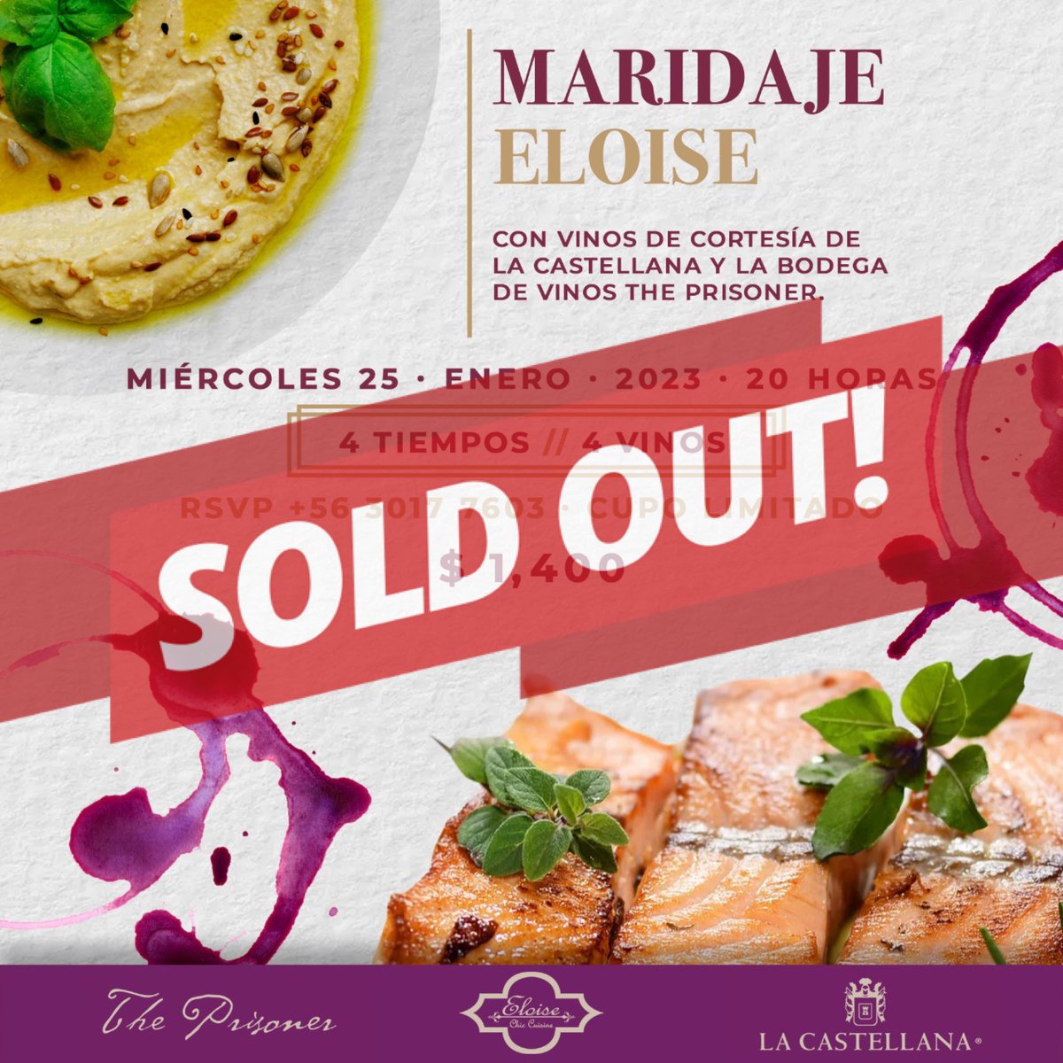 Nos complace anunciarles que nuestra cena maridaje en compañía de nuestros amigos de La Castellana y Vinos The Prisoner, ¡está TOTALMENTE reservada! <a href="/lacastellanamx/">La Castellana</a> 

Estamos profundamente emocionados de compartir la mesa con ustedes. ¡Disfrutemos juntos de este juego de sabores!