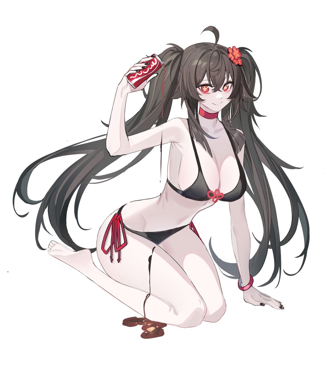 1girl ahoge barefoot bikini black bikini black hair black nails  illustration images