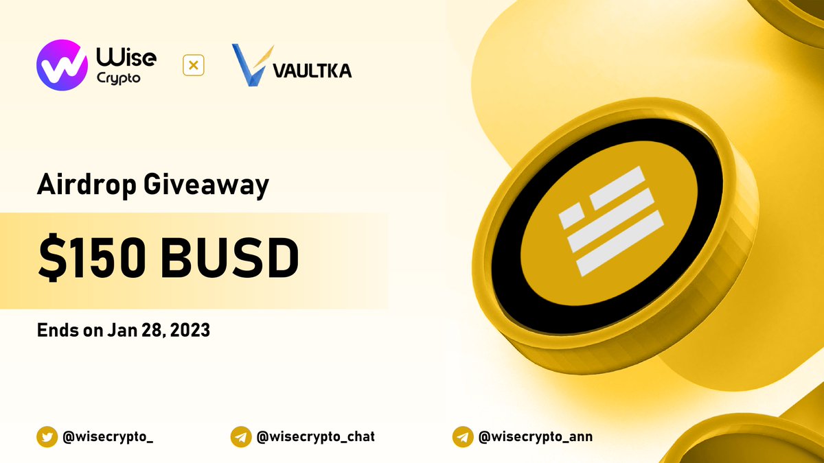 WiseCrypto_'s tweet photo. 🥳 Wise Crypto X Vaultka Giveaway 

🏆Prize Pool - $150

To Enter
✅ Follow @Vaultkaofficial &amp; @WiseCrypto_
✅ RT &amp; Tag Friends
✅ Complete task on https://t.co/u1BvVZWWlb

#Airdrop #BUSD #Giveaway #Crypto #NFTGiveaways #Giveaways #Bitcoin #Binance #AirdropCrypto #airdropalert https://t.co/RbWJvLt8Em