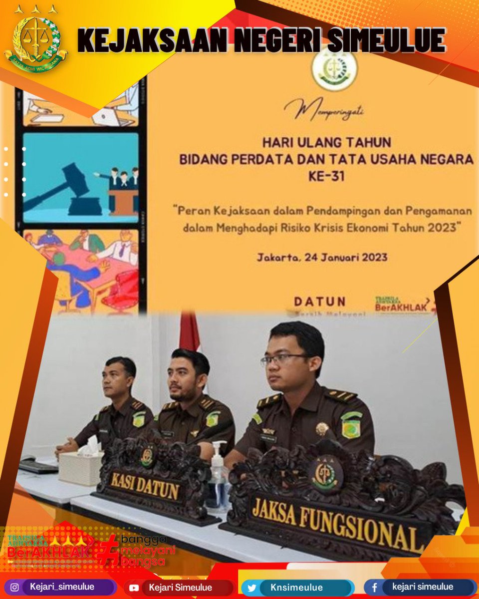 kejari_simeulue's tweet photo. Selasa, 24 Januari 2023 Kejaksaan Negeri Simeulue Melaksanakan kegiatan Vicon Diskusi Panel Dalam Rangka Memperingati Hari Ulang Tahun Jaksa Agung Muda Bidang Perdata dan Tata Usaha Negara
#datun
#datunbersihmelayani
#jamdatun
#kejarisimelue
#kejaksaanri
#kejatiaceh https://t.co/9e1m7YyLFk