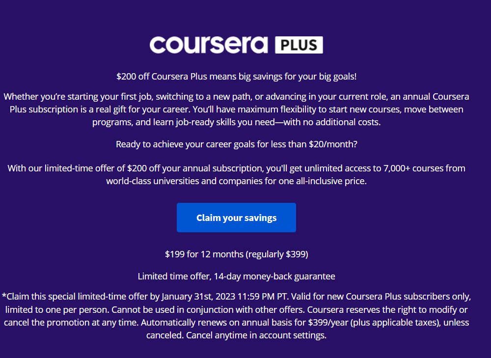 #discounts | $200 off #CourseraPlus - big savings for your big goals! imp.i384100.net/gbm6Or #coursera #courses #Course #Coursework #Onlineclass #onlineclasses #Training #TrainingandDevelopment #learning #certification #tutorials #tutorial #DataScience #dataprotection #coding