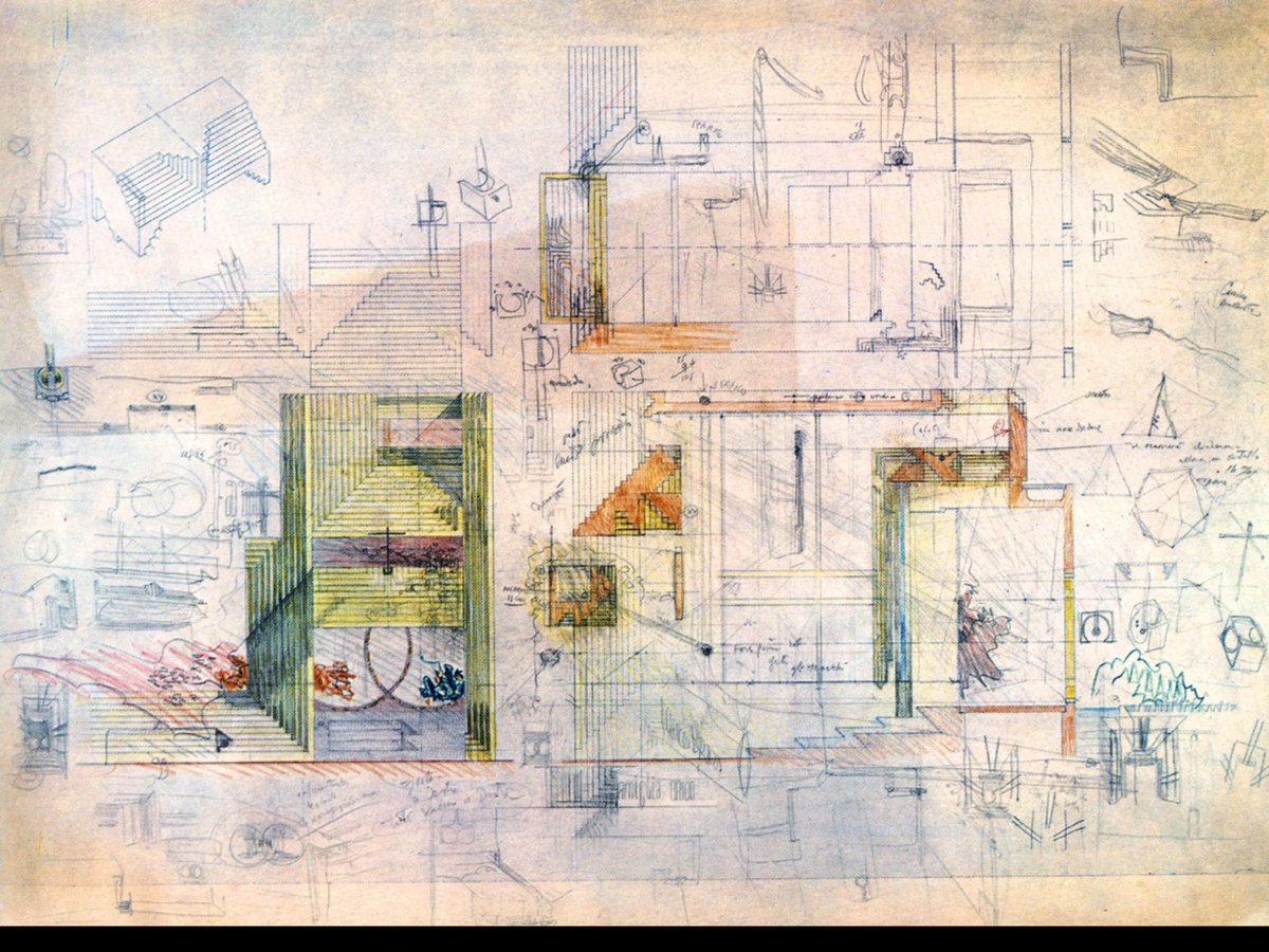 architext14's tweet image. Scarpa drawing process. An armature for layers and layers of doodles and ideas.