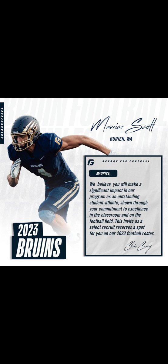After a amazing phone call with <a href="/willhoge3/">Will Hoge</a> I’m honored and blessed to announce I have received a offer from George Fox University! #Gobruins <a href="/CoachCross2/">Coach Sheldon Cross</a> <a href="/CoachMaui/">Maui Borden</a> <a href="/RFordFSP/">Reggie Ford</a> <a href="/Coach_Bonds253/">Drew Bonds</a> <a href="/AndySchell23/">Andy Schell</a>   <a href="/RylandSpencer/">Ryland Spencer™</a> <a href="/BrandonHuffman/">Brandon Huffman</a>