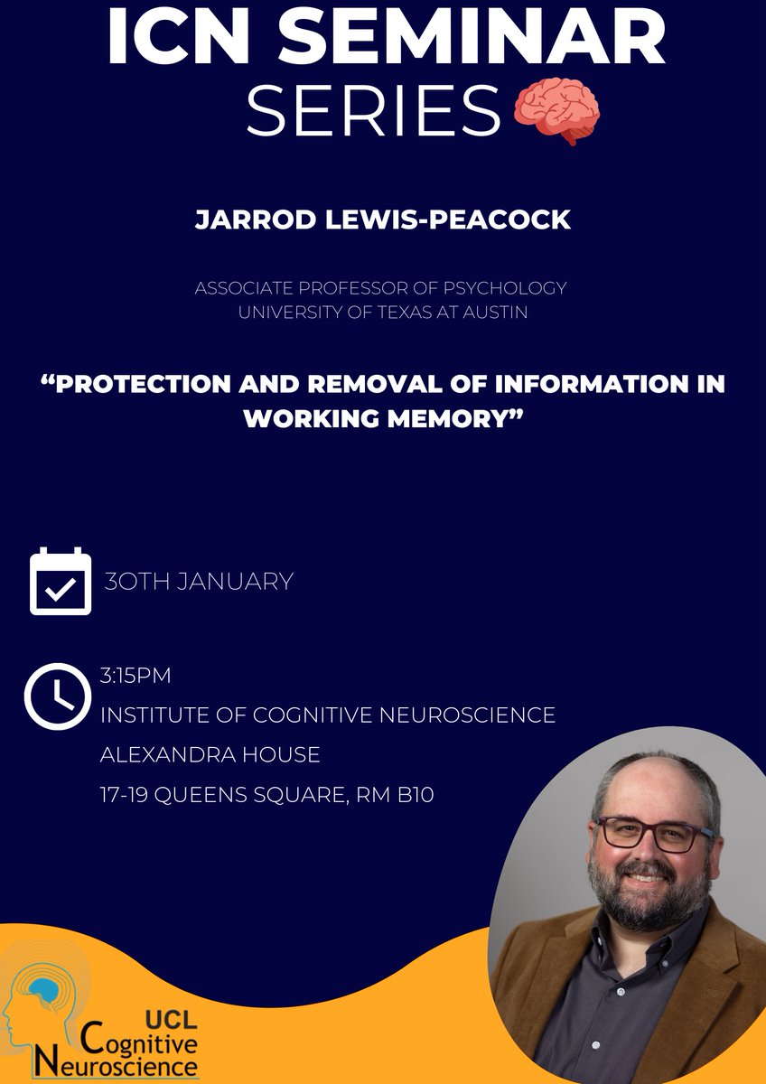 We hope you will come along to our next seminar given by Jarrod Lewis-Peacock <a href="/jalewpea/">Jarrod Lewis-Peacock</a> on 30th January "Protection and Removal of Information in Working Memory"<a href="/UCLBrainScience/">UCL Brain Sciences</a> <a href="/UCLPALS/">UCL Psych & Lang Sci</a> 
 
Hosted by <a href="/samgilbert1/">Sam Gilbert</a> &amp; <a href="/NeilBurgess10/">Neil Burgess</a> 

Details below👇🚨