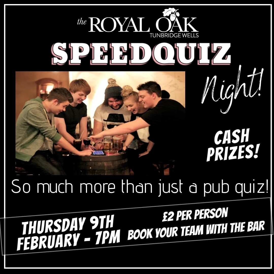 TheRoyalOakTW's tweet image. Coming to the Royal Oak on Thursday 9th February.  Bookings still being taken via our website.

#SpeedQuizzing #speedquizrob #twquiz #twpubquiz
