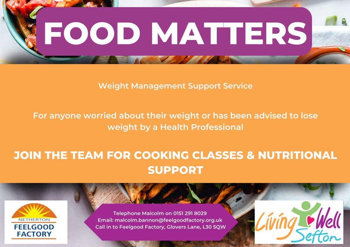 Living Well Sefton (@lwsefton) on Twitter photo Want to re-learn how to cook healthily - or pick up some new tips? <a href="/Netherton_FGF/">Feelgood Factory</a> are running the below course offering #cookingclasses, focusing on making nutritious food at home.
Contact Malcolm on 0151 291 8029 or drop into the centre to find out more 🍵 #Sefton Want to re-learn how to cook healthily - or pick up some new tips? <a href="/Netherton_FGF/">Feelgood Factory</a> are running the below course offering #cookingclasses, focusing on making nutritious food at home.
Contact Malcolm on 0151 291 8029 or drop into the centre to find out more 🍵 #Sefton