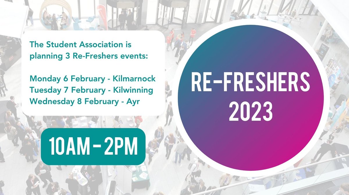 AyrshireCollSA's tweet photo. Looking forward to seeing our students, new and continuing, at our Re-Freshers events taking place from the 6 - 8 February. Come along to find out what support is available on campus and in our local communities and grab some freebies at the same time! https://t.co/5gHbNDGIeU