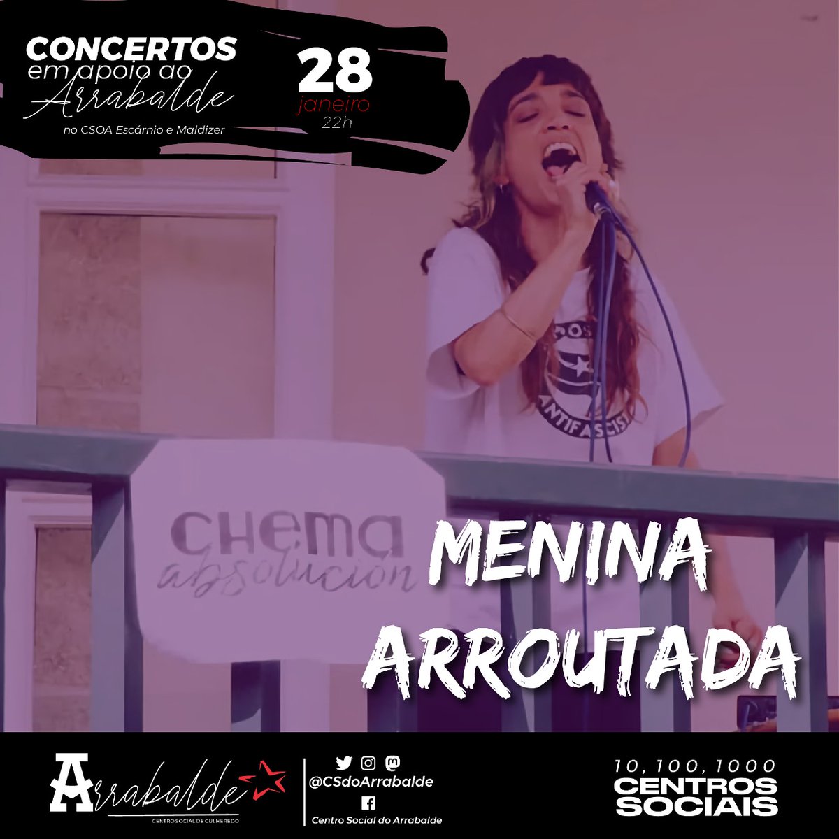 🎸CONCERTO SOLIDÁRIO

Este sábado 28 de janeiro no CSOA Escárnio e Maldizer de Compostela temos o prazer de poder contar com o talento de Menina Arroutada.

Apoia ao novo projeto de Centro Social em Culheredo. Nom faltes e difunde!