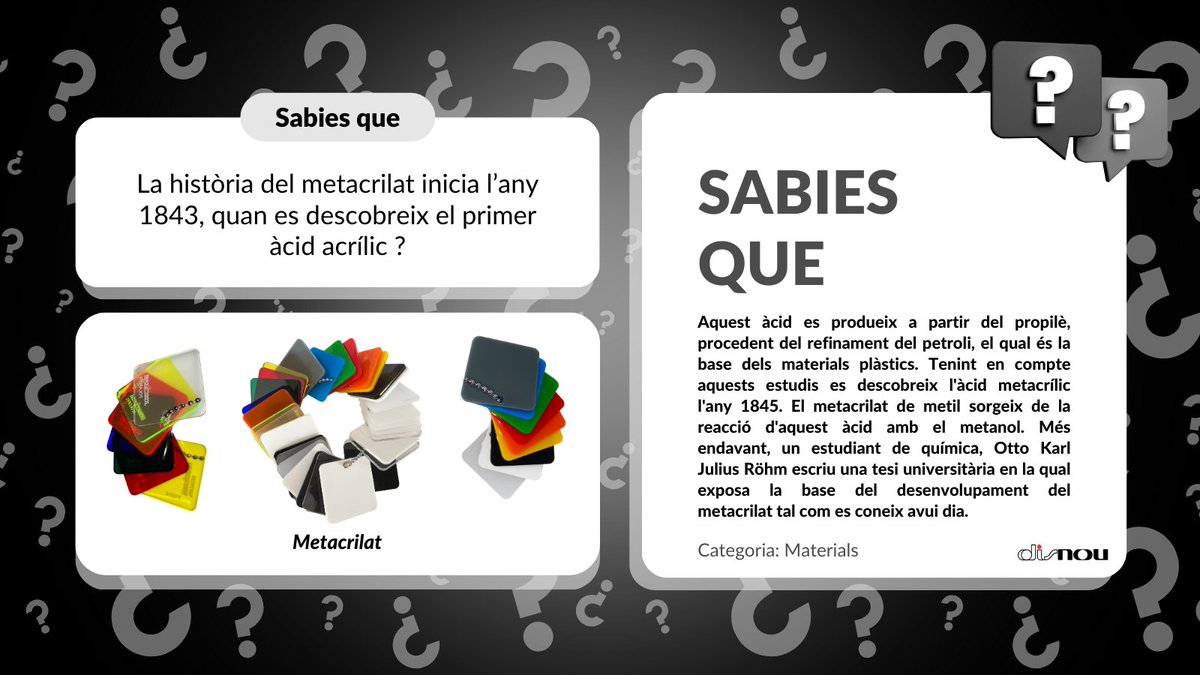 Disnoual6's tweet photo. Comencem el dimarts amb una nova publicació de la secció de #SabiesQue...❓

Avui us mostrem l'origen sobre el #metacrilat🔍

🔜 Estigueu atents perquè us explicarem més sobre aquest material! 👀

#Disnou #CastellarDelValles #metacrilato #plexiglas #pmma #polimetilmetacrilato https://t.co/LxuxXHK7jd
