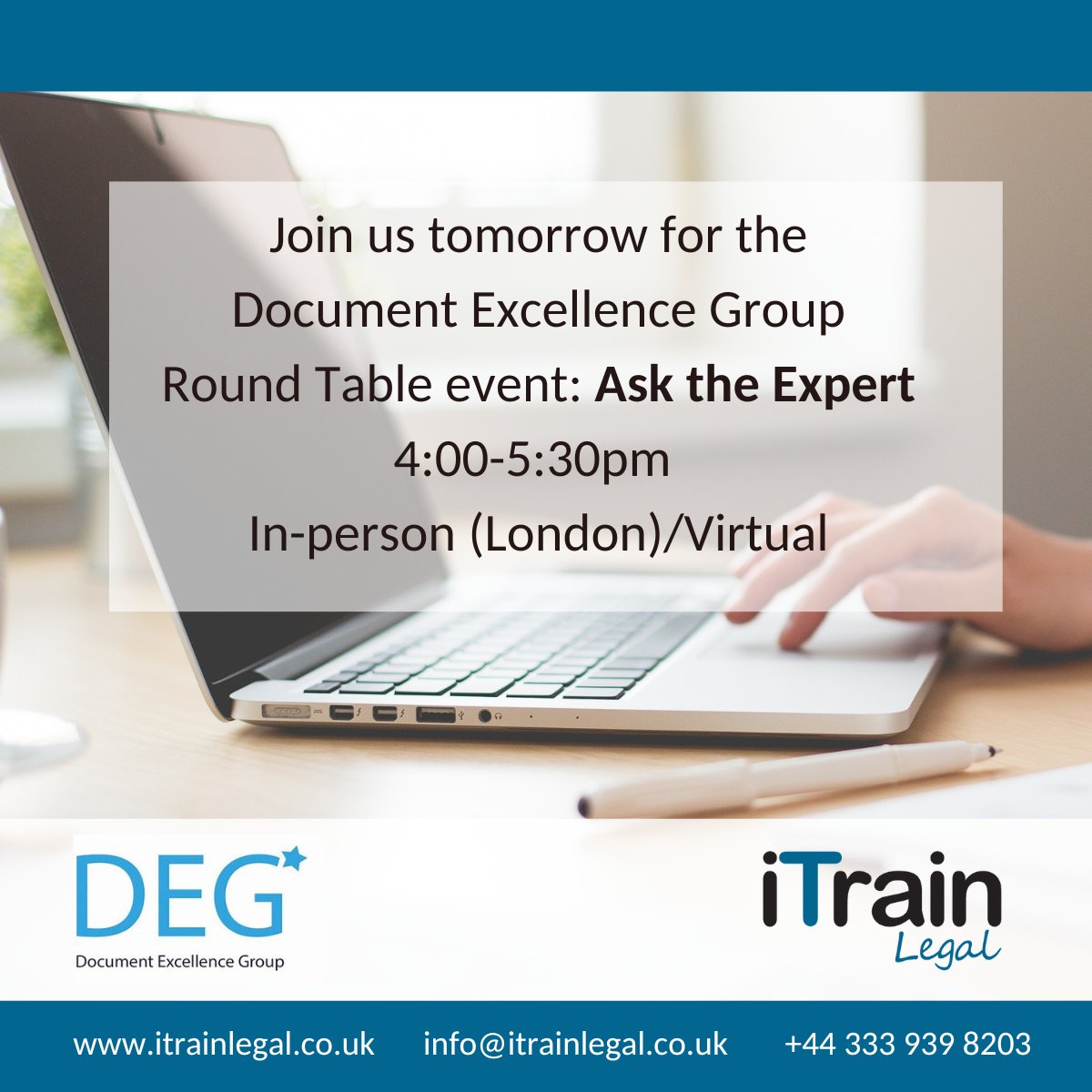 Join us tomorrow for @DocExGroup's Round Table event to discuss document production initiatives and solutions to common challenges. 

25 January, 4:00-5:30pm (GMT)
Milbank LLP, London and online
 
Register here: bit.ly/3kFPsZM

#DocExcellence, #legalittraining, #legalIT