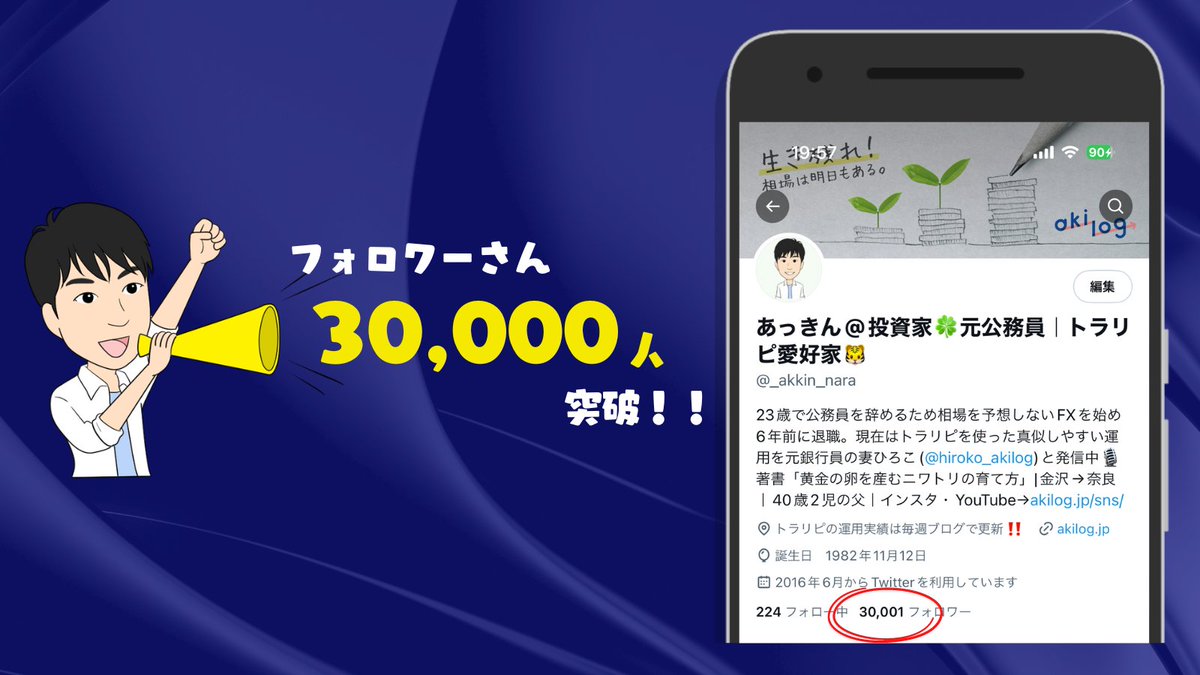 _akkin_nara's tweet photo. ／
㊗️フォロワーさん3万人突破‼️
＼
2016年3月に公務員を辞めて始めたブログとtwitter。自分がやってた「トラリピ」をもっと知ってもらいたいって思って設定も実績も全部公開した。少しずつコメントも貰えるようになった。あれから6年ちょっと。SNSでたくさんの人と繋がれてめちゃ幸せ者✨感謝😊 https://t.co/uvBEdxlCLA