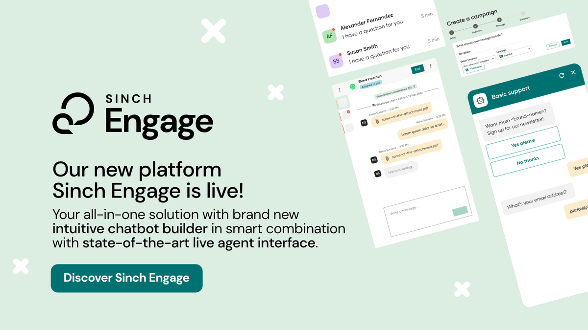 wearesinch's tweet photo. Introducing Sinch Engage — our all-in-one SaaS conversational messaging platform combining an intuitive chatbot builder and a smart live agent interface.

Discover Sinch Engage: https://t.co/jU6zSrzQsB  

#SinchEngage #WeAreSinch #newproduct #conversationalmessaging #letsengage https://t.co/nLjQqaVbN5
