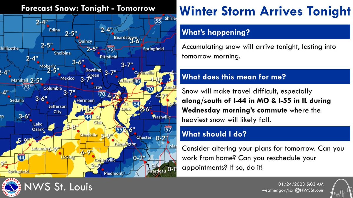 NWSStLouis's tweet image. We're still expecting accumulating snow to arrive tonight, lasting through tomorrow morning. Tomorrow morning's commute is very likely to be a difficult one, so consider altering your plans if you have the option #mowx #ilwx #stlwx