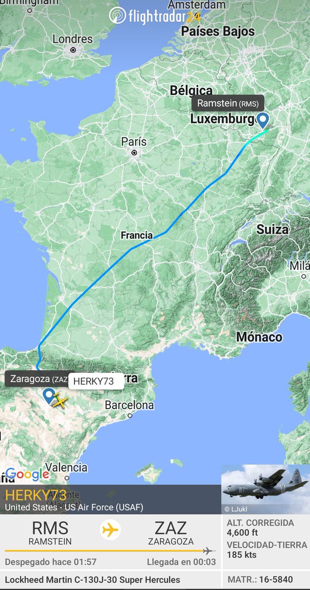 MilRadar's tweet photo. 🇺🇸 #USAF C-130J-30 Super Hercules 16-5840 del #37thAS de nuevo en #Zaragoza procedente de #Ramstein #Alemania https://t.co/KgntkkvGCc