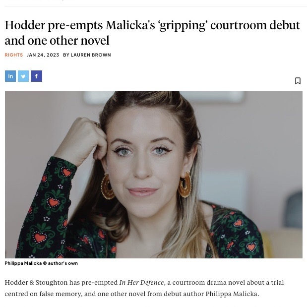 MushensEnt's tweet photo. Huge congratulations to @phillymalicka whose debut, In Her Defence, has been pre-empted by @HodderBooks and @MSRBooks in the UK and US! Coming in 2024 ...🎉🎉 https://t.co/iYAungkQzP