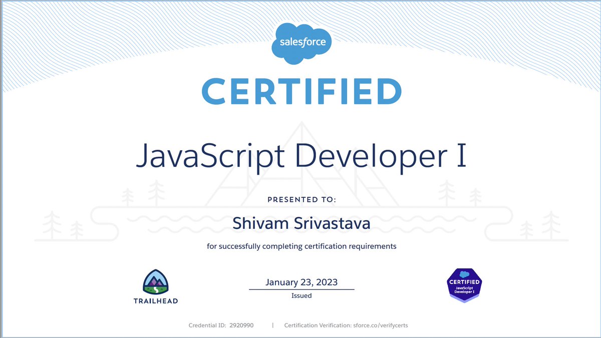 sfdcShivam's tweet photo. I am really pleased to let you know that I passed Salesforce JavaScript Developer 1 certification.
#javascript #Salesforce #trailhead #javascriptdeveloper1 #salesforcecertification #certification @salesforcedeveloper #salesforcecertified #salesforceConsultant https://t.co/MSjFHbtley