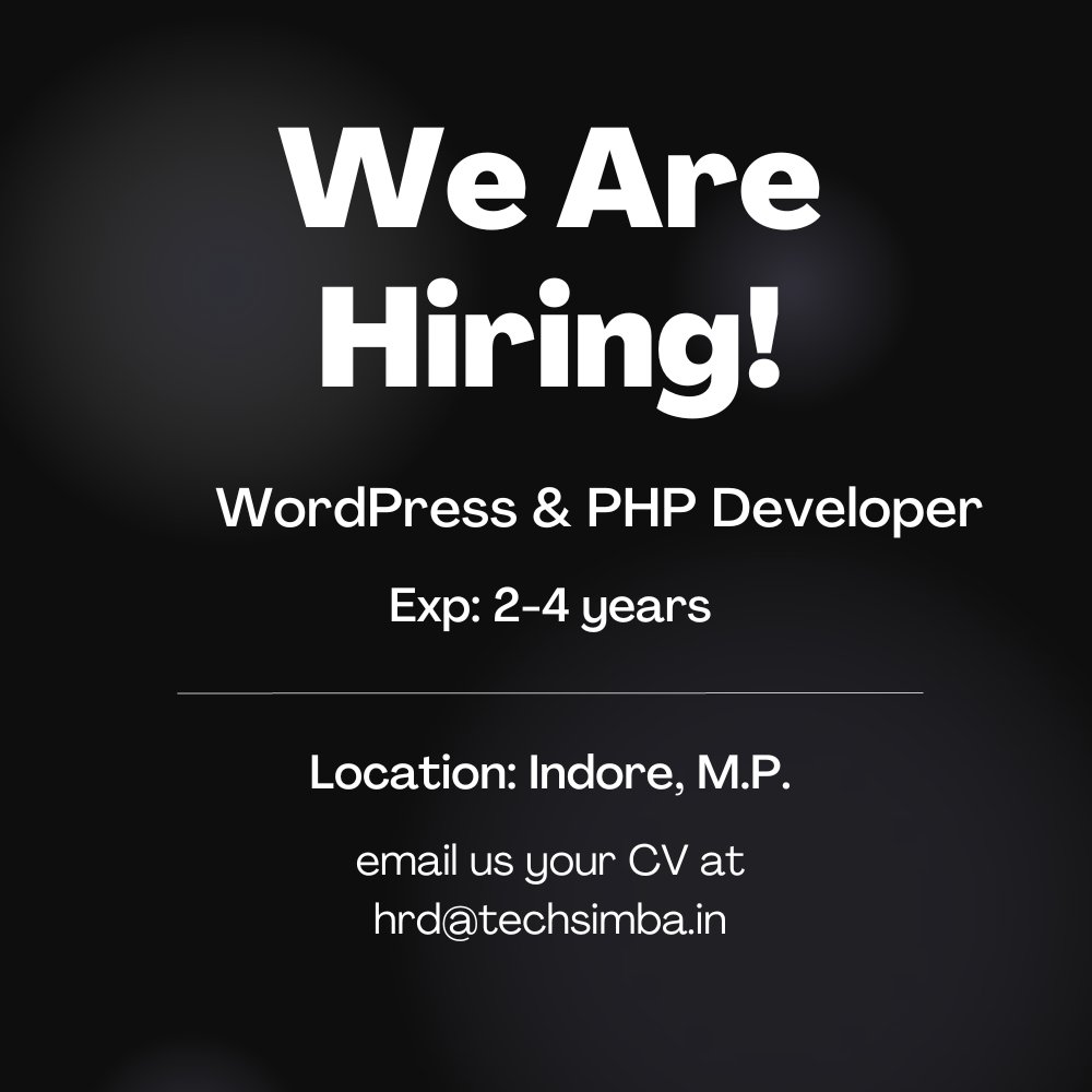 TechSimba's tweet photo. We are Urgently Hiring for
#phpdeveloper &amp; #wordpressdeveloper 
#experience - 2 to 4 year #WorkFromOffice 
#Jobtype:- full-time #Location:- Indore 
If you are #looking for an #opportunity.To #Apply 💼 𝑺𝒆𝒏𝒅 𝑪𝑽: hrd@techsimba.in 
𝑪𝒐𝒏𝒕𝒂𝒄𝒕 𝒖𝒔 𝑵𝒐𝒘:
+91 96859 71959 https://t.co/SQ67XmF4tm