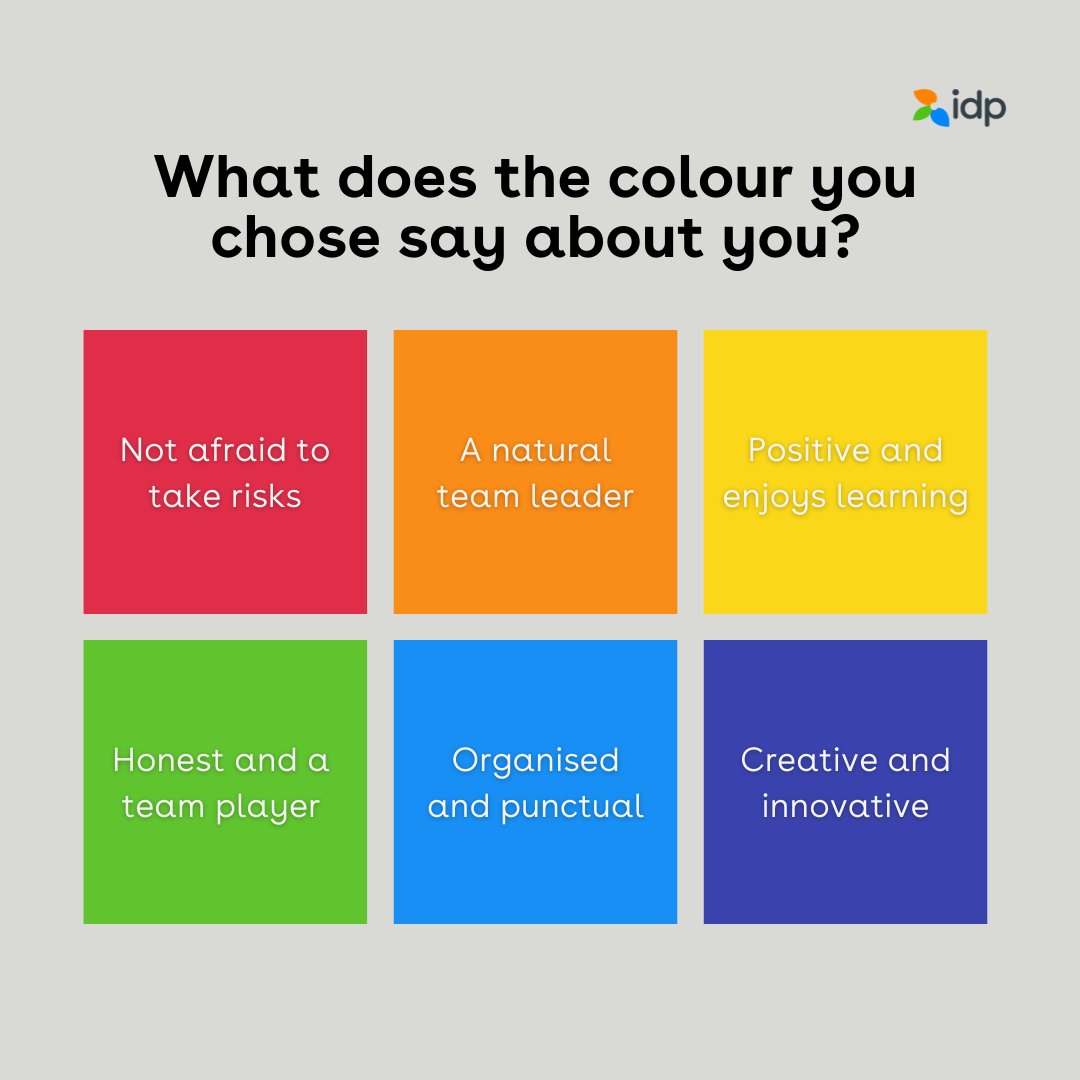 What does your chosen colour say about you? 🧐

⬇️ Let us know which one you are in the comments below! 

❗ And don't forget to tag your friends

#IDPEducation #IDPStudyAbroad #MoreThanStudy #StudyAbroad #overseaseducation #internationalstudent #studentmeme