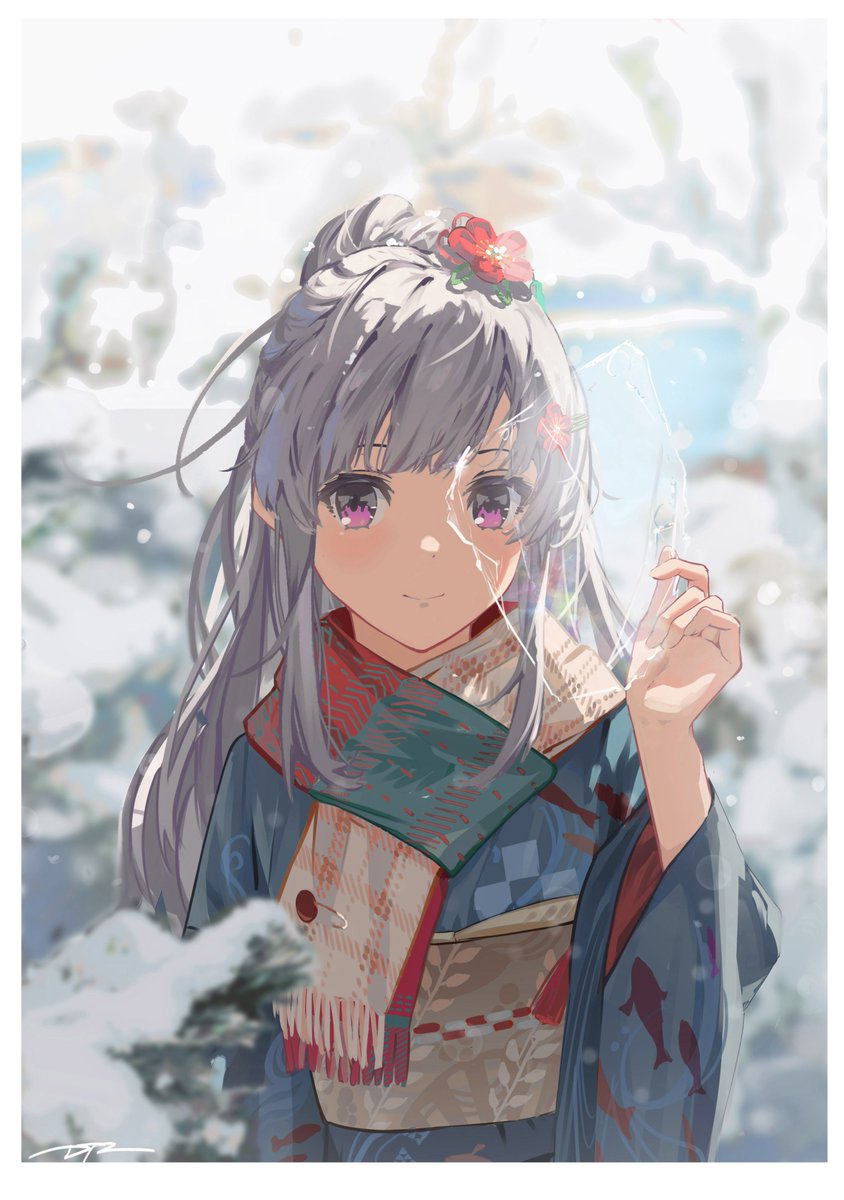 yukoku kiriko 1girl solo japanese clothes kimono purple eyes grey hair scarf  illustration images