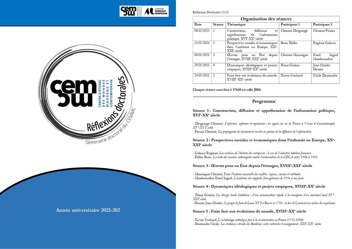 Dsg_Clement's tweet image. Je suis fier d'annoncer la tenue d'un séminaire des doctorants du @Cemmc33. Programme disponible sur le site du CEMMC. La première séance sera placée sous le signe de la construction et la diffusion de l'information, où j'interviendrai conjointement avec @ferrierclement.