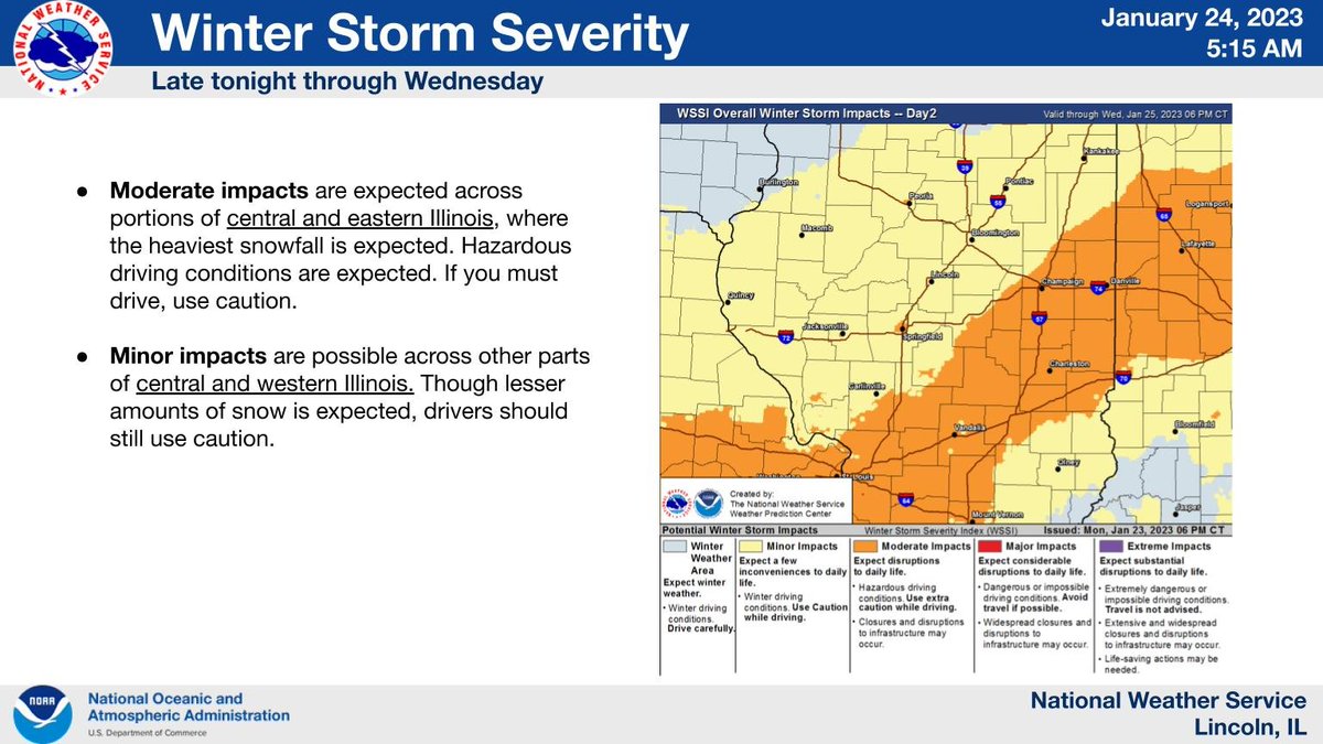 Moderate impacts are expected across portions of C and E IL, where the heaviest snowfall is expected. Minor impacts are possible across other parts of C and W IL. Hazardous driving conditions are expected across the area. Use cautions. #ILwx