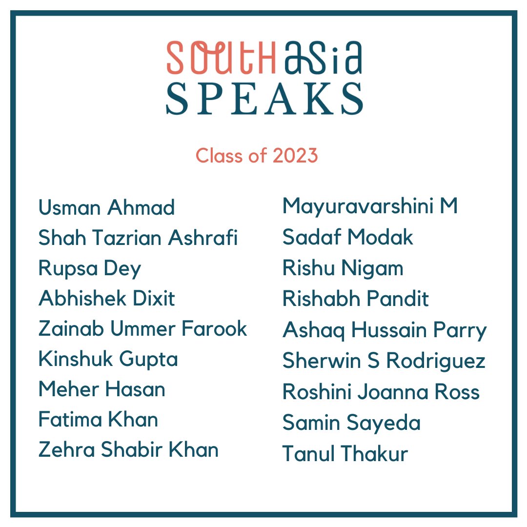 South Asia Speaks is delighted to announce the class of 2023, featuring 19 fellows from a pool of 300 applicants. The fellows will work with mentors for a full year, attend masterclasses &amp; become a part of our inclusive, vibrant community. Welcome all! southasiaspeaks.org/classof2023