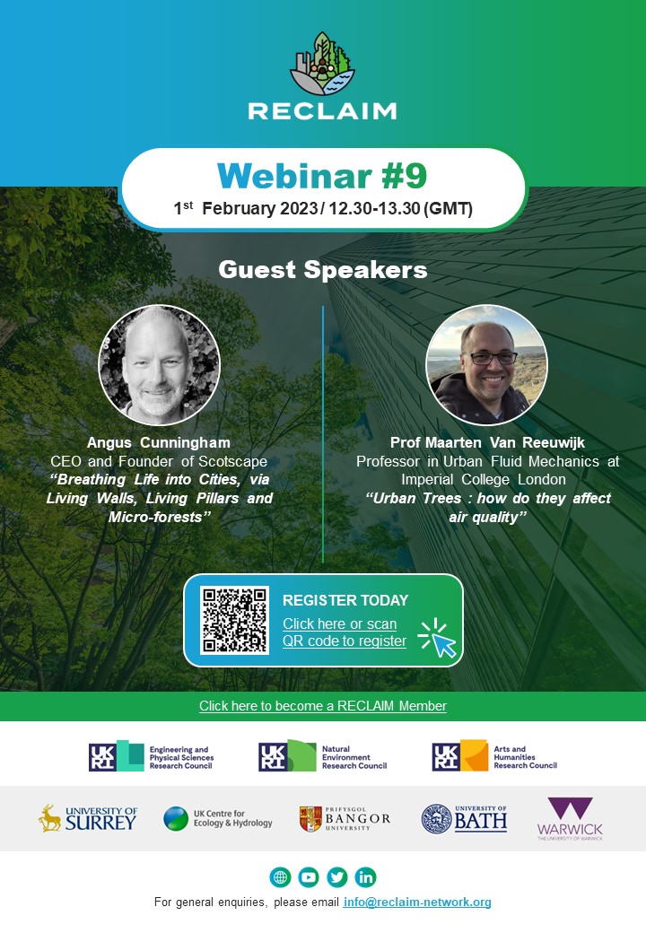 Don't miss the next instalment of the @reclaim_network series featuring #livingwalls #livingpillars #microforests #trees #AirQuality

Register here bit.ly/3WtlB4h

@pk_shishodia @LaurenceJonesES @AirPollSurrey @ZeroGuildford @GuildfordLL @ScotscapeWalls @vanReeuwijkLab