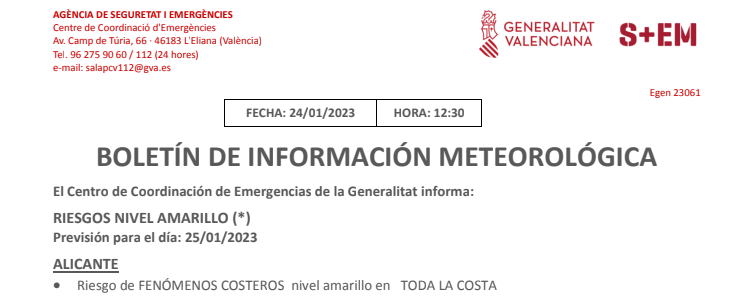 12:30 h. El Centre de Coordinació d'Emergències informa:

🟡Risc nivell groc per #fenòmencostaner en la costa d'Alacant per a demà 25/01.