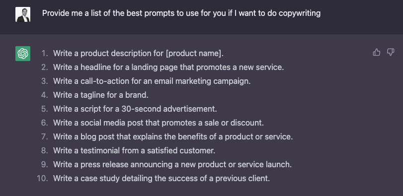 99% of all "Marketing gurus" provide you with the best prompts for copywriting with #ChatGPT while you can perfectly fine ask ChatGPT for the best (and most updated) prompts to use on it. HACK: The "best prompts" comes from your engagement with the AI.