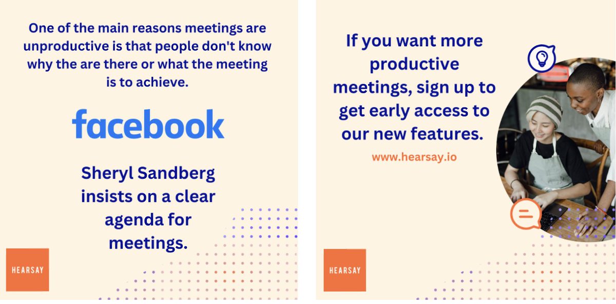Businesses are looking for meeting #efficiency particularly in the world of #hybridworking.   Agendas are key at <a href="/facebook/">Facebook</a> to give clarity to what needs to be achieved &amp; to keep everyone on track. Sign up to get our new features  early hearsay.io  #efficiency