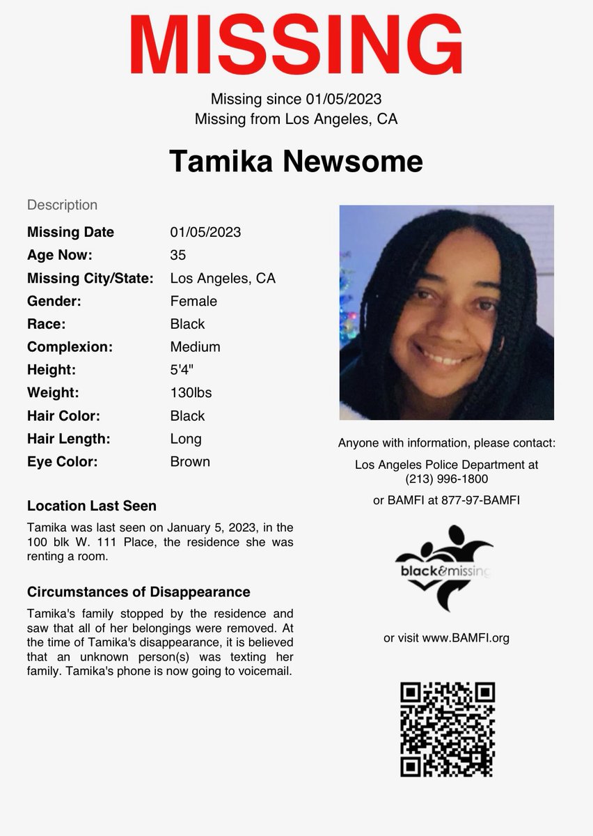 Jasmyne's tweet photo. 🧵 Alright, y'all, just sit right back and you'll hear a tale,
a tale of some 🤬 up shit. 

Another Black woman is missing from #SouthLA. Her name is #TamikaNewsome and I want to tell you what I know about her disappearance. #blackandmissing https://t.co/3Uniib0kjJ