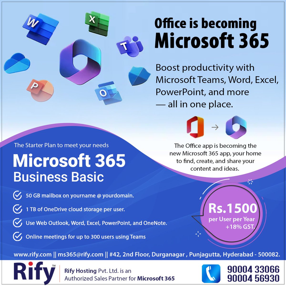rifyhosting's tweet photo. Office is becoming Microsoft 365; Boost your business productivity with Microsoft Teams, Word, Excel, PowerPoint and more -- all in one place. Buy Microsoft 365 Business Basic. #microsoft365 #microsoftpartner https://t.co/S7jFnAOpqQ