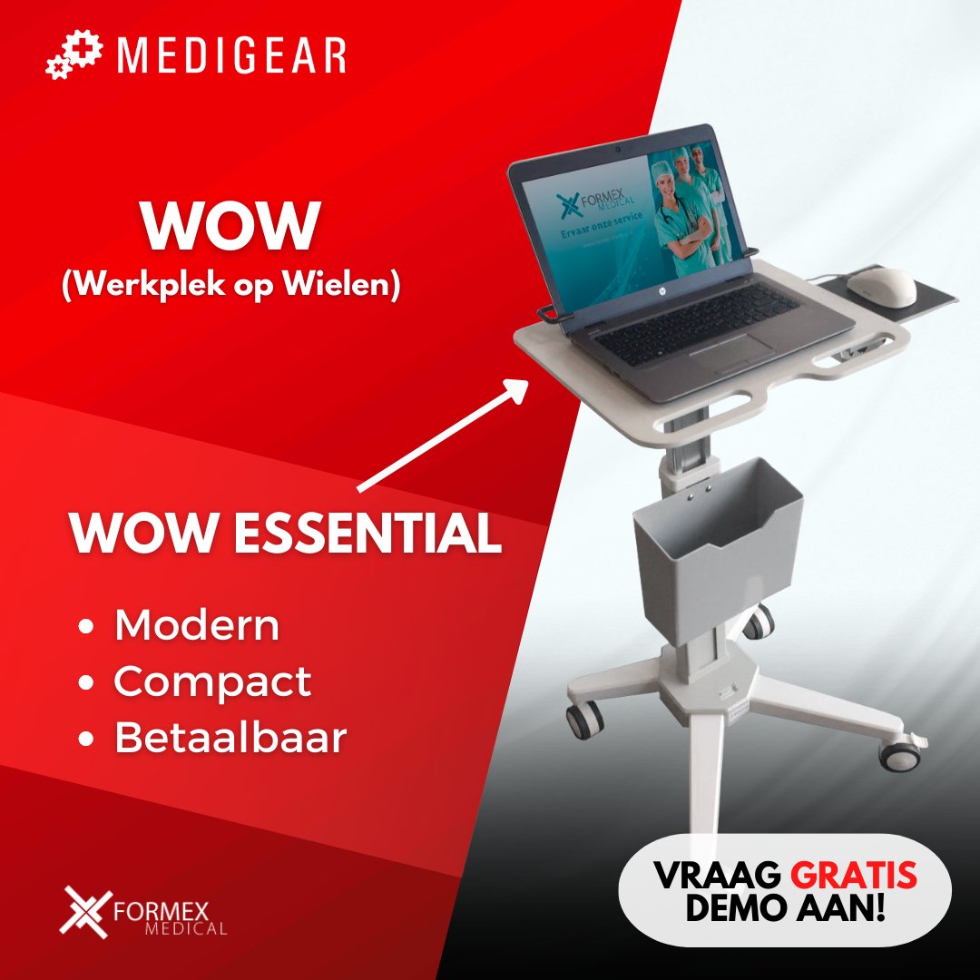 FormexMedical's tweet image. De Medigear WOW Essential is een compacte en betaalbare werkplek op wielen. Door zijn lichte gewicht en verstelbare werkhoogte vormt deze cart in combinatie met een laptop de ideale mobiele zorgwerkplek. Uit te breiden met accessoires zoals een mandje of een ladenblok.