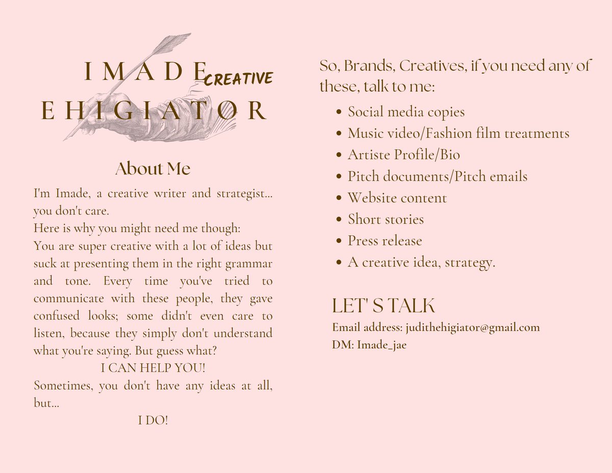 imade_jae's tweet photo. Hey Brands and Creatives👋🏽
Here’s some of the services I offer as a creative writer and strategist.

We have work to do this year. I’m down if you are.

Contact me via email if you’re interested: judithehigiator@gmail.com

OR

Send a DM. https://t.co/GmfDe4225v