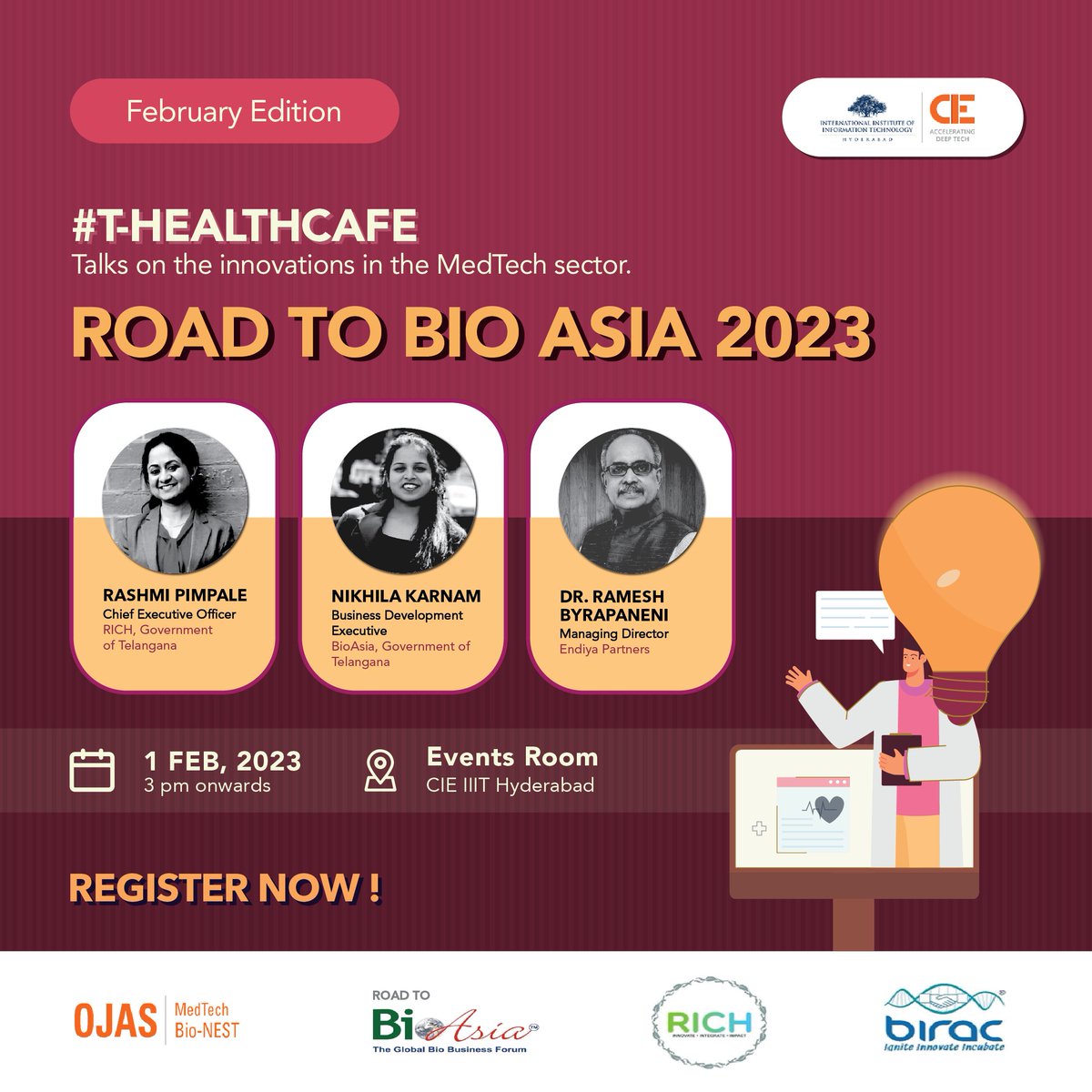 cieatiiithyd's tweet photo. Hola amigos! We're back with the Offline edition of T-#HealthCafe for all the #MedTech startups out there.
Join us on 1st February from 3 PM at #Events Room, CIE IIITH
Register here: https://t.co/8p7unovnXc
For any queries, reach out to:
avanija.ramanan@cie.iiit.ac.in https://t.co/D0WchMEUUJ