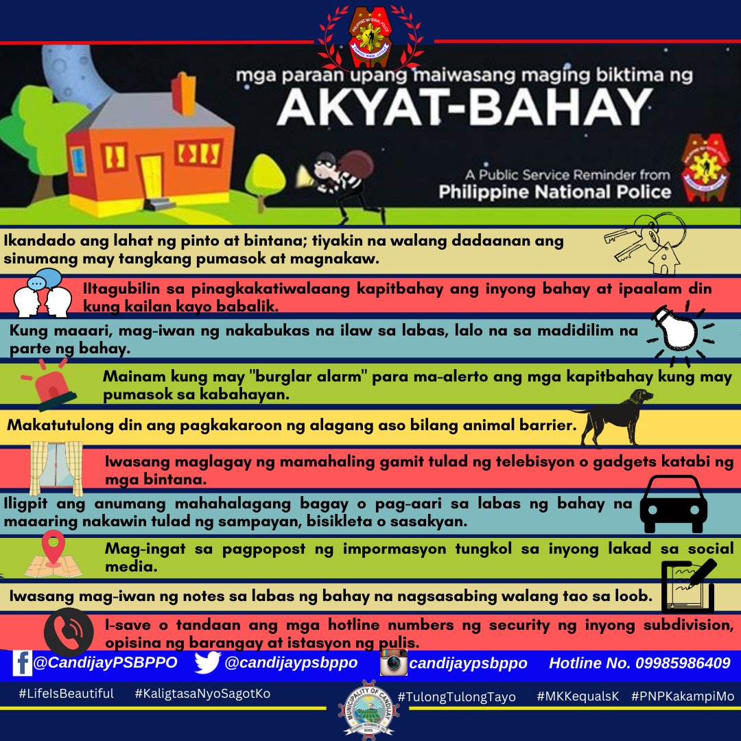 candijaypsbppo's tweet photo. CRIME PREVENTION TIPS

#TeamPNPCandijay
#LifeIsBeautiful 
#KaligtasaNyoSagotKo 
#TulongTulongTayo
#MKKequalsK
#PNPKakampiNyo https://t.co/Pk73MS1oN4