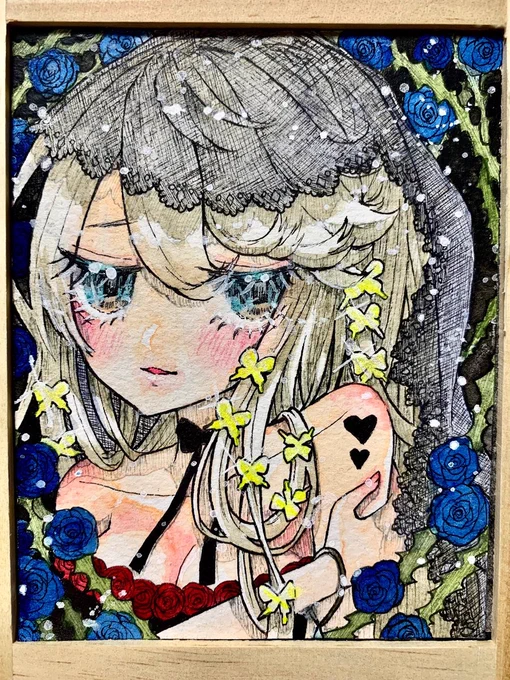 青い薔薇は綺麗でしょう?ホワイトワトソン紙ピグマ005/ネオピコライン005/絵墨透明水彩/水彩色鉛筆/アクリル絵の具 
