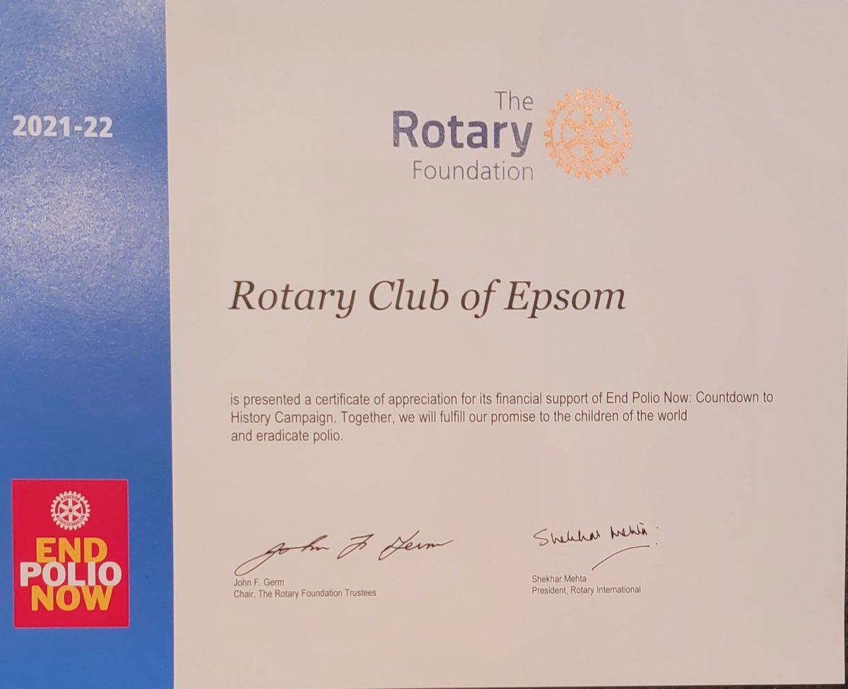 EpsomRotary's tweet photo. We are proud both to have received a certificate at last Saturday's @pr_rotary District Conference, acknowledging our Club's contribution to ending Polio and the fact that all our fellow Rotary Clubs have combined to nearly eradicate Polio in the world. We are almost there! https://t.co/RfnL9b2WfM