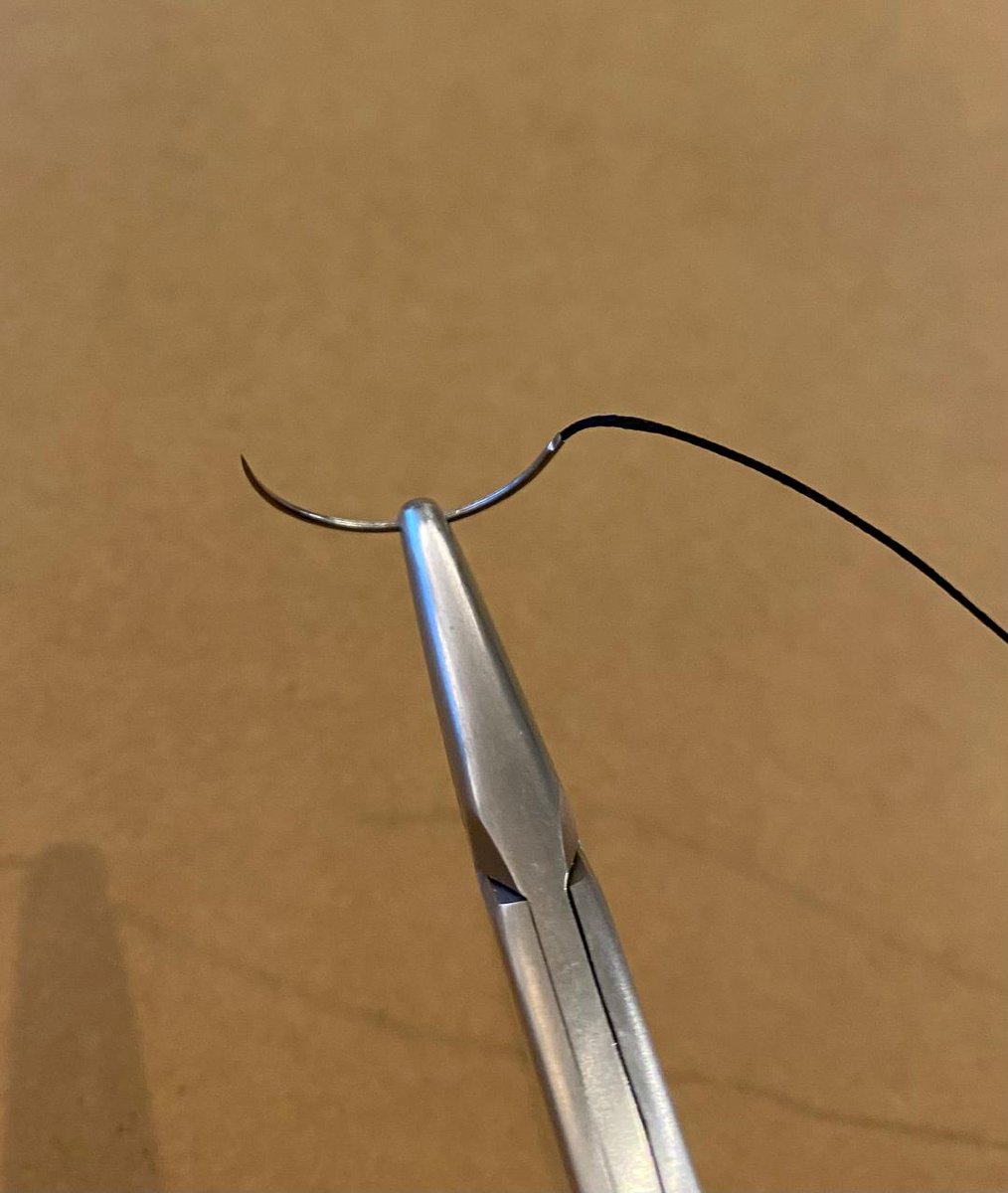 🧵regarding some technical aspects of the needle holder and where to grip surgical needles, something you may not know about the packages they come in, and a comment about the ratchet. Oriented more toward the younger folks... (1/ )