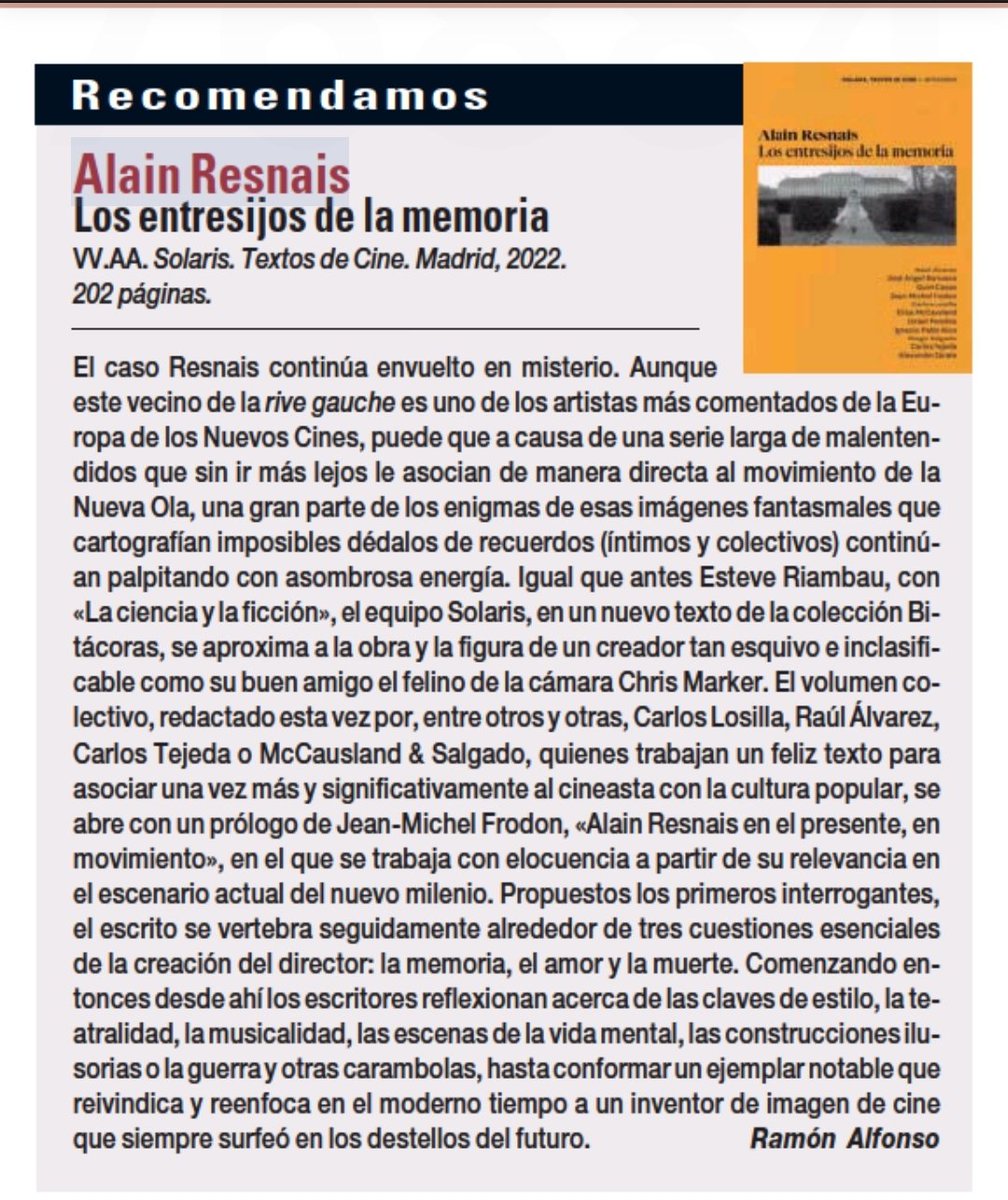 Reseña del libro "Alain Resnais. Los entresijos de la memoria" en el número de diciembre de 2022 de la revista <a href="/Dirigido_por/">Dirigido Por</a> . Gracias a Dirigido Por y a <a href="/RAlfonsoCine/">Ramón Alfonso</a> 

Consigue tu ejemplar en:

solaristextosdecine.com/libro/alain-re…