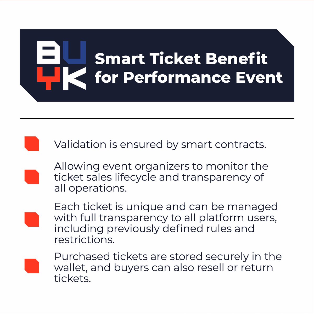 BuyK_Official's tweet photo. BUYK smart ticket serves as proof of purchase for the performance. The ticket's underlying smart contract code is executed according to pre-determined conditions.
#BUYK #BYK #Overseas #Cryptocurrency #Blockchain #Development #Dapps https://t.co/A2TRFZ5EmY