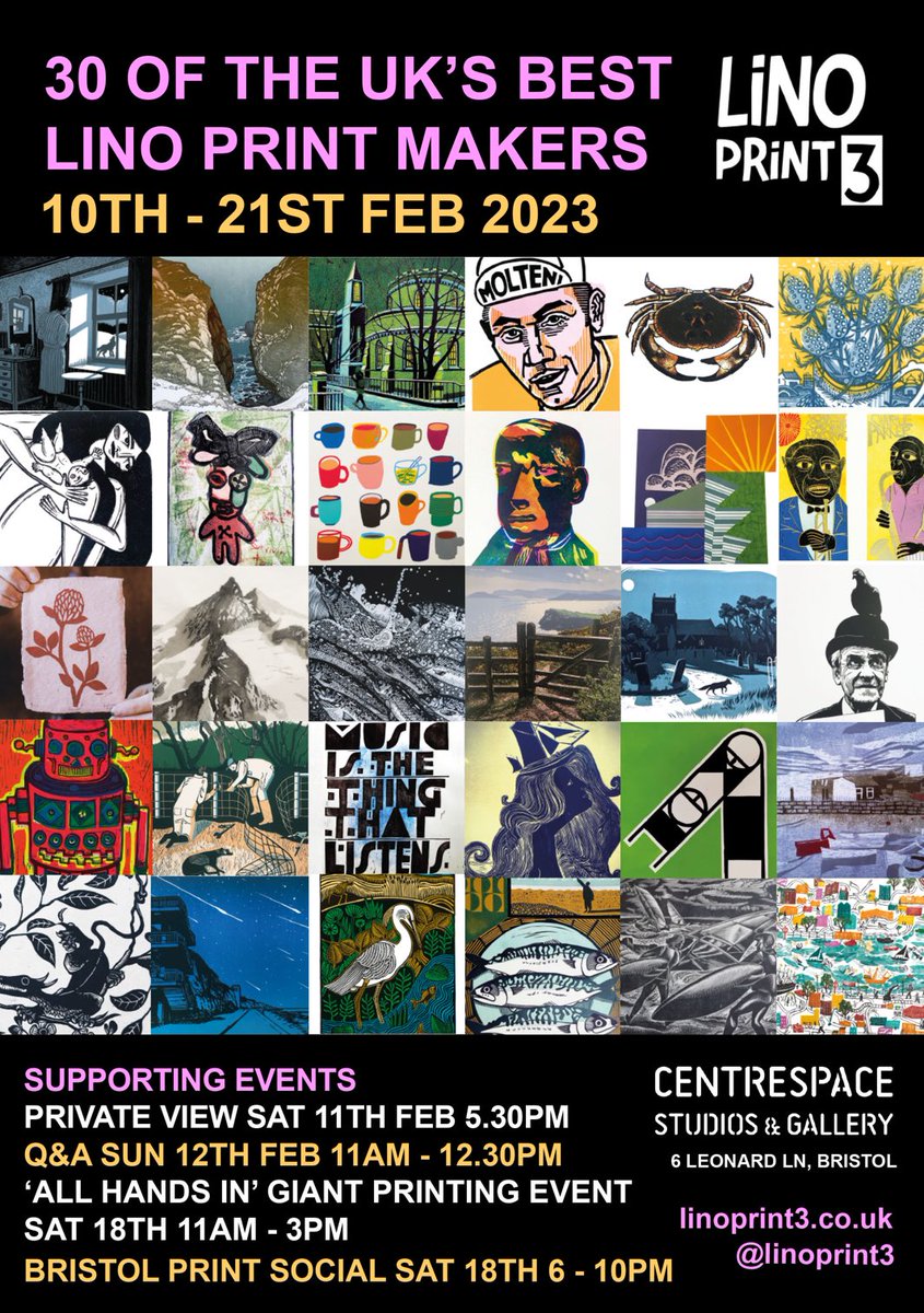 Linoprint3 starts soon  ⁦@CentrespaceBS1⁩ gallery. 30 of the best lino print artists around. There are supporting events linoprint3.co.uk. #bristol #print #printmaking #lino #linoprinting #woodcut #reliefprint  #artoninstagtam #hamdmadeuk #halfterm #bath #artbristol