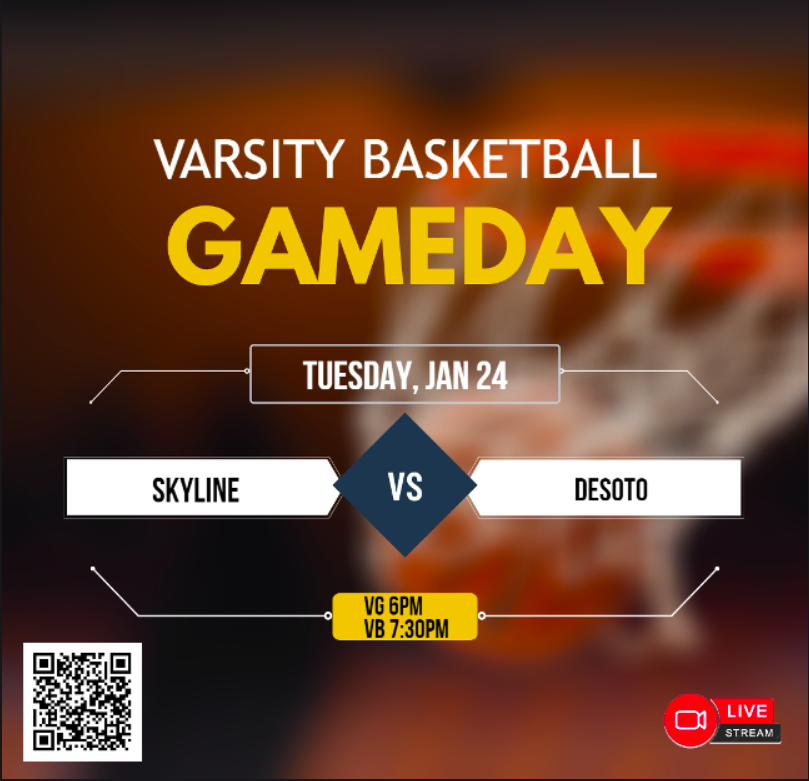 🚨 Varsity Basketball
🏀 Skyline
🆚 DeSoto
📅 Tuesday, Jan 24
⏰ VG 6pm  VB 7:30pm
📺 Live Streaming ballertv.insidethegames.live/hsb.php
<a href="/Skyline_Raiders/">Skyline High School</a> <a href="/SkylineAthDept/">Skyline HS Athletics</a> @SkylineWBB <a href="/boys_skyline/">Dez Willingham</a> <a href="/CoachJJ1/">Coach JJ</a> @DeSotoEaglesGBB <a href="/DesotoMbb/">Desoto Men's Basketball</a> <a href="/LovelyLoriM1/">Dr. Mathis😘</a>