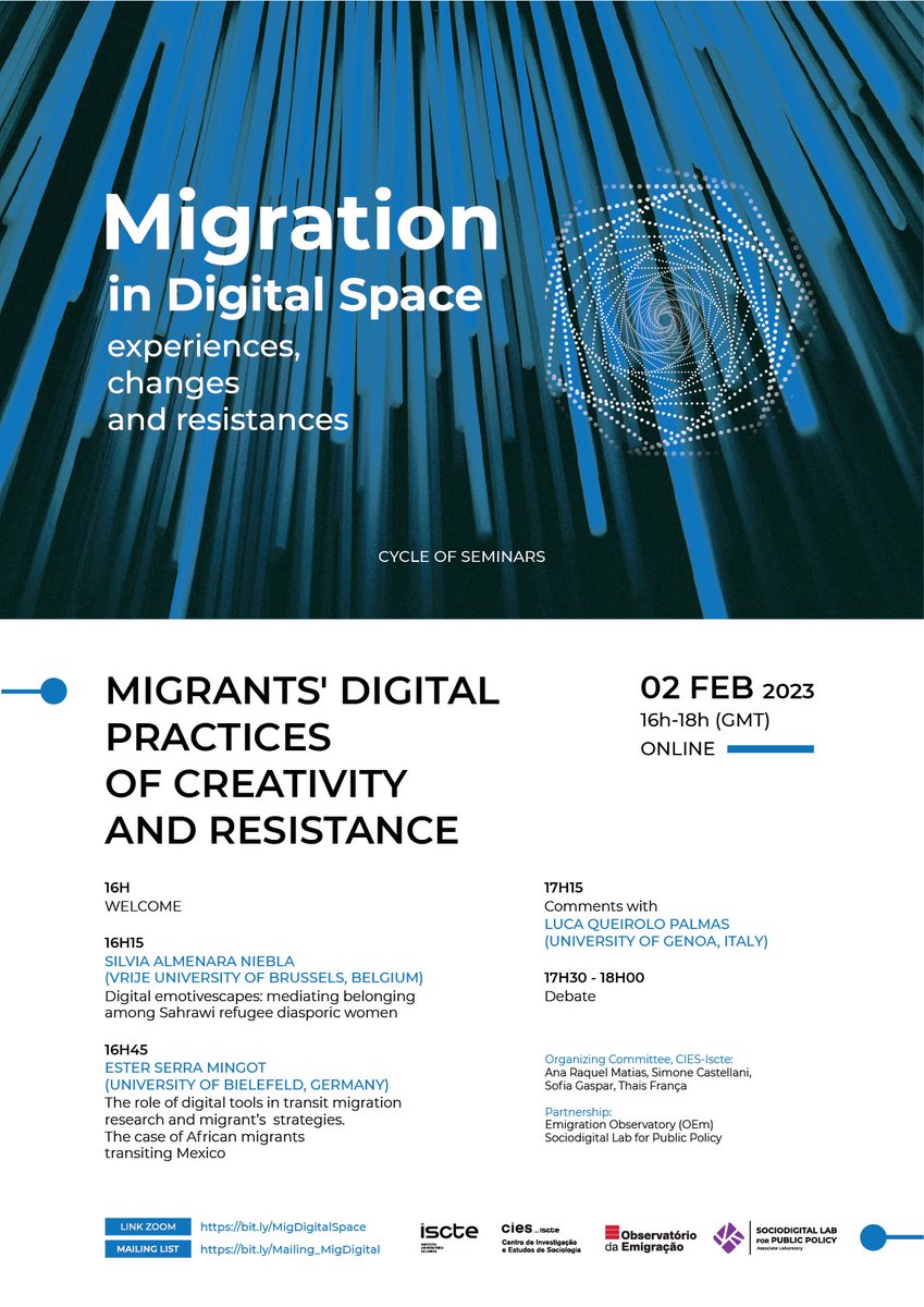 🟢@CIES_Iscte Online Seminar: Migrants' digital practices of creativity &amp; resistance
🎙️Silvia Almenara Niebla (<a href="/VUBrussel/">VUB</a>), Ester Serra Mingot (<a href="/unibielefeld/">Bielefeld University</a>) &amp; Luca Queirolo Palmas (<a href="/UniGenova/">Università di Genova</a>)
🗓️2 February 2023 ⏰16:00 to 18:00 GMT
➕Find out more: imiscoe.org/news-and-blog/…
