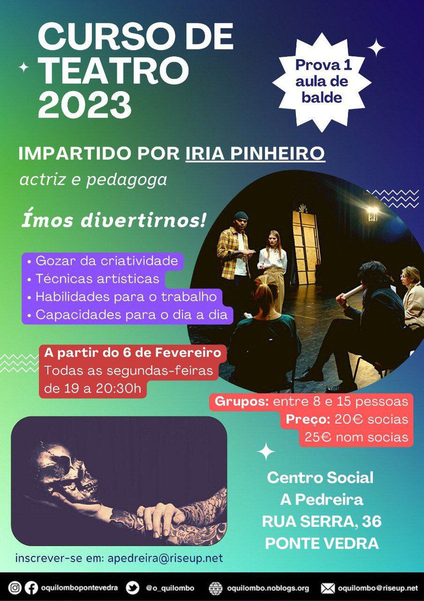 Vem divertir-te a teatro. Desde este 6 de fevereiro. Prova 1 aula de balde. Insceve-te em apedreira@riseup.net