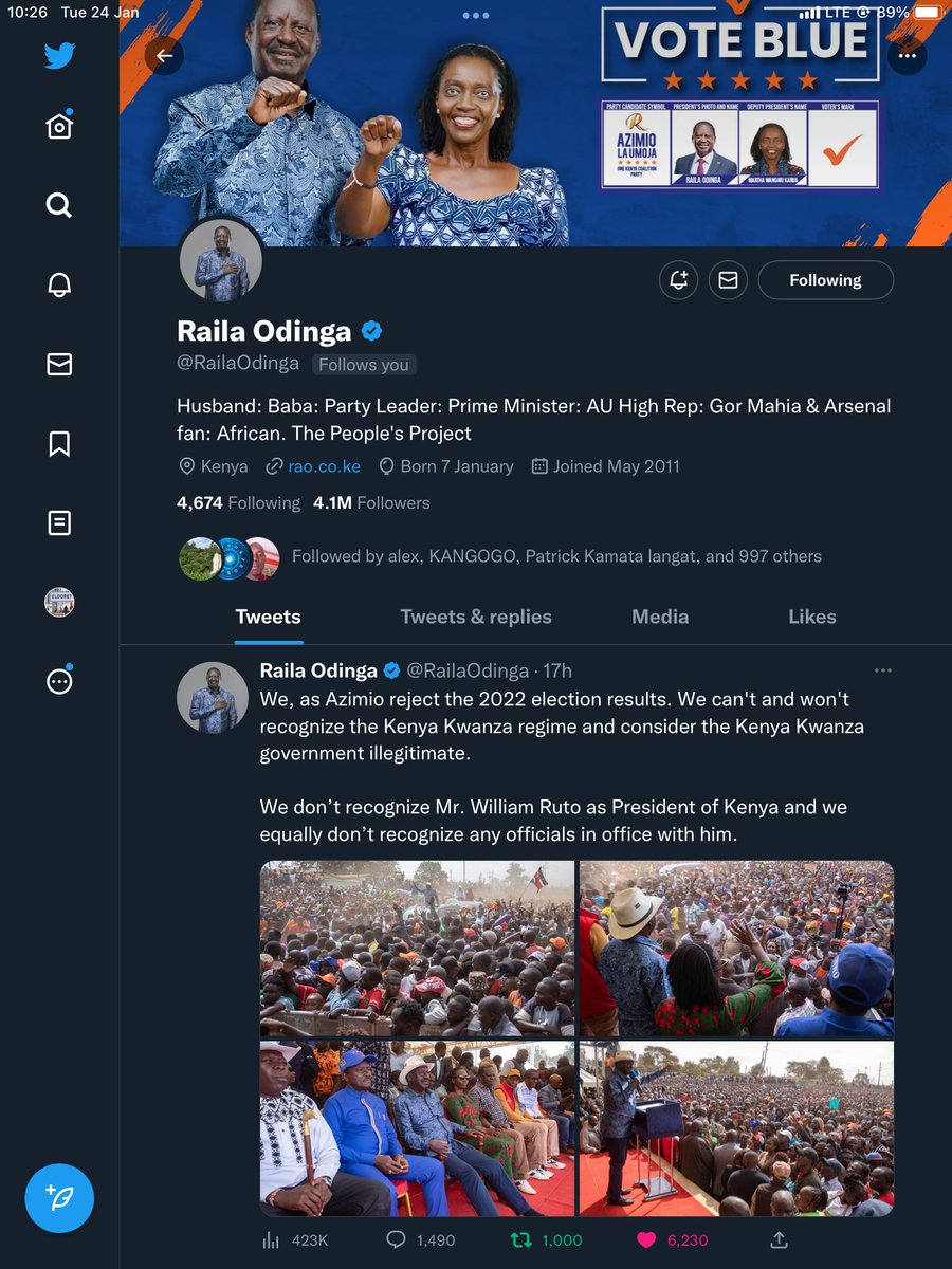 Kapyoseiin's tweet photo. Whenever I hear in Six Months time from the famous #Hasola I thank God am a die hard fan & follower of Raila Odinga. Yes I voted for Baba. We even follow one another on Twitter, Facebook and other socials. Ukijam Burst 💥 https://t.co/J5XSJKIipz
