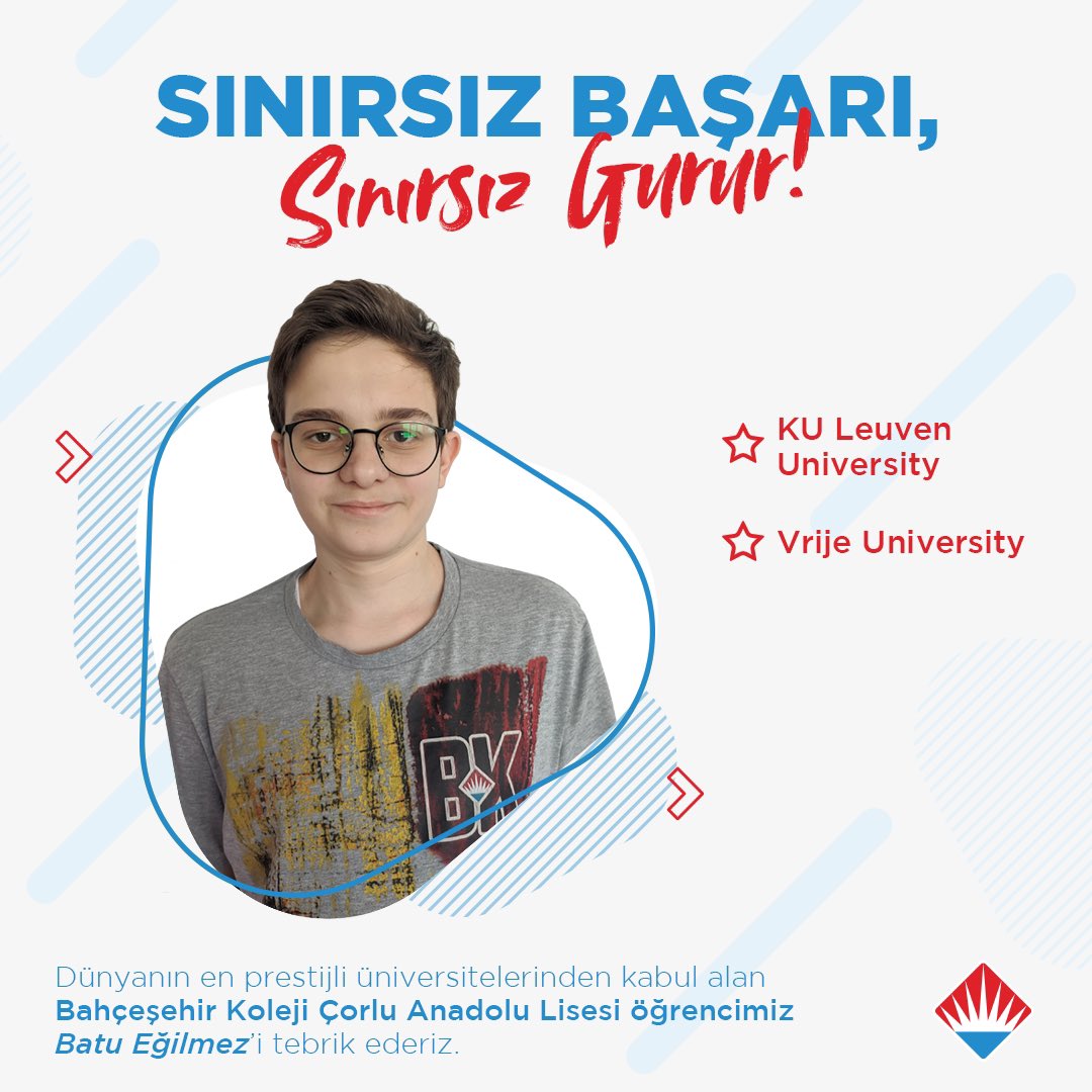 Tebrikler Batu!✨

Çorlu Anadolu Lisesi öğrencimiz Batu Eğilmez dünyanın önde gelen üniversiteleri arasında yer alan KU Leuven University ve Vrije University’den kabul aldı.

Gururluyuz! ❤️💙
Yolun açık olsun Batu👏🏻

#bahçeşehirkoleji